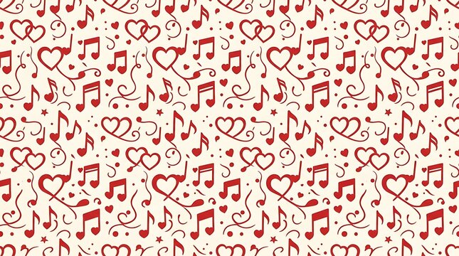 Seamless romantic pattern featuring red music notes and hearts