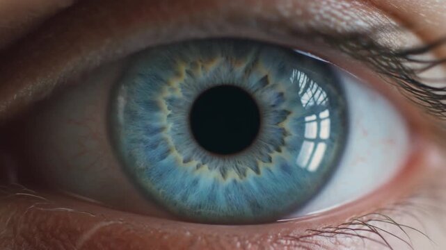 Extreme macro footage of a single healthy human blue iris with natural radial fibers centered for world sight day