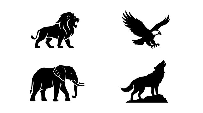 Set of Four Animal Silhouettes Lion Eagle Elephant Wolf.