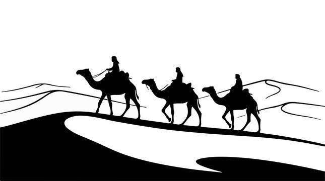 Black silhouette illustration showing three camels carrying riders across rolling sand dunes in desert landscapes with minimalist desert landscape