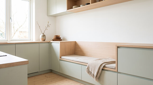 Minimalist kitchen nook with sage cabinets and wooden bench seat