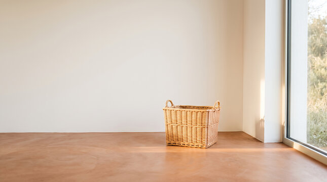 Woven basket in a bright empty room with warm terracotta floor