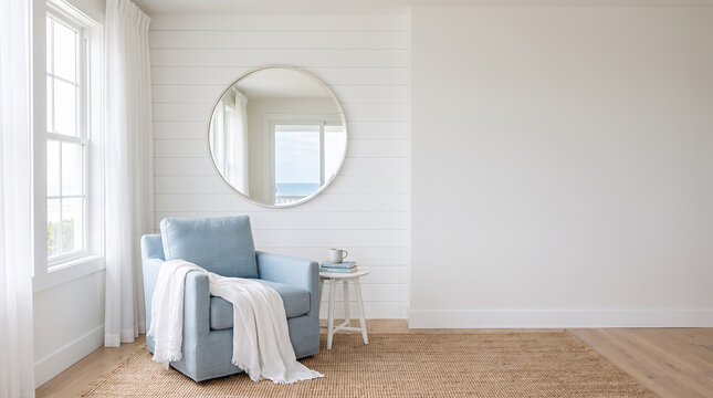 Bright coastal bedroom corner with blue armchair and ocean view mirror