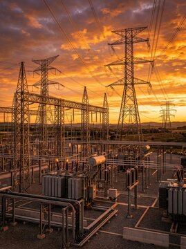 Dramatic Sunset Over Industrial Power Substation with High Voltage Towers.
