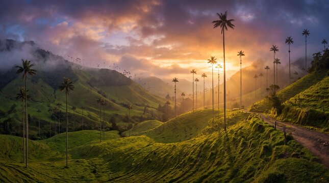 Cocora Valley Majesty: Towering wax palms pierce the mist-laden sky over Colombia's Cocora Valley as the golden sun descends, casting a warm, ethereal glow over the emerald landscape.