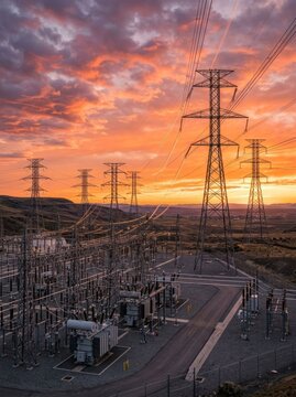 Electrical Power Substation with Transmission Towers at Sunset.