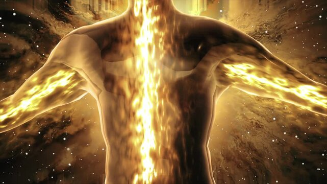 Abstract video footage illustrating golden energy flow through the human body's central nervous system pathway.