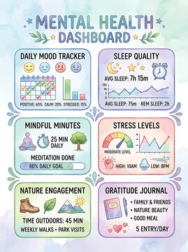 Comprehensive mental health dashboard with wellness tracking metrics