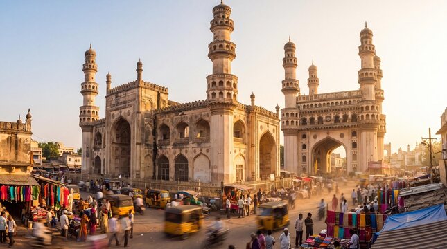 Charminar Landmark in Hyderabad: A majestic historical monument stands tall amidst a bustling marketplace, showcasing intricate Indo-Islamic architecture and vibrant street life at golden hour.