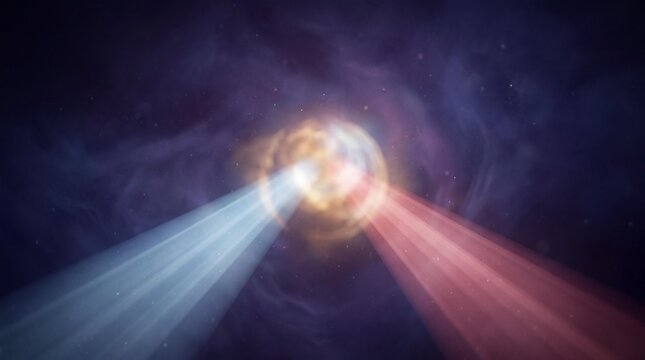 Cosmic Dance of Light: An abstract depiction of a celestial event, possibly a nebula or a supernova remnant, emitting luminous streams of blue and red light against a dark, starry backdrop.