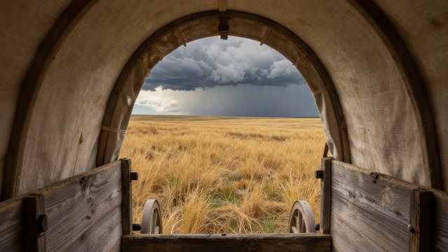View from Inside a Wagon with Stormy Sky and Golden Field