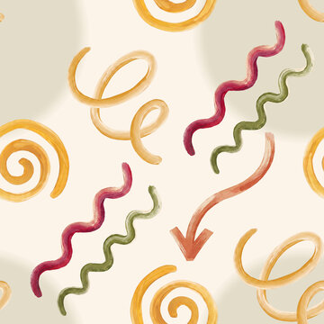 Colorful abstract noodles curls and arrows seamless pattern on cream background