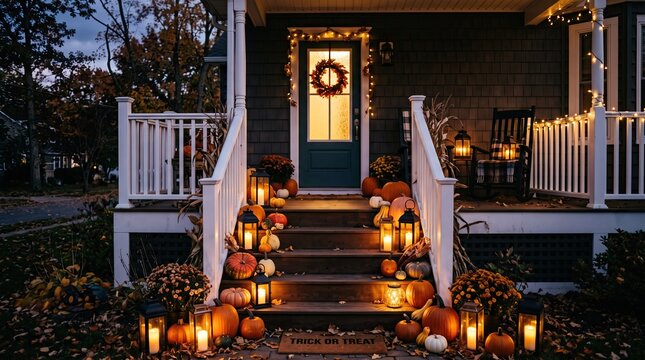 A beautifully decorated porch glows warmly with halloween spirit inviting trick or treaters to a festive evening