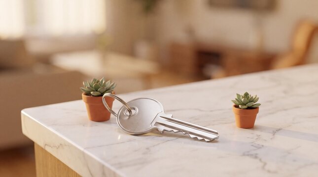 New Beginnings: A gleaming house key rests on a marble countertop, flanked by two small potted succulent plants, symbolizing a fresh start and homeownership.