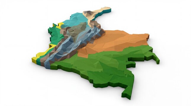 Topographical Map of Colombia: A 3D topographical relief map showcasing the diverse terrain and geological features of Colombia, with distinct color-coding for different regions and elevations.