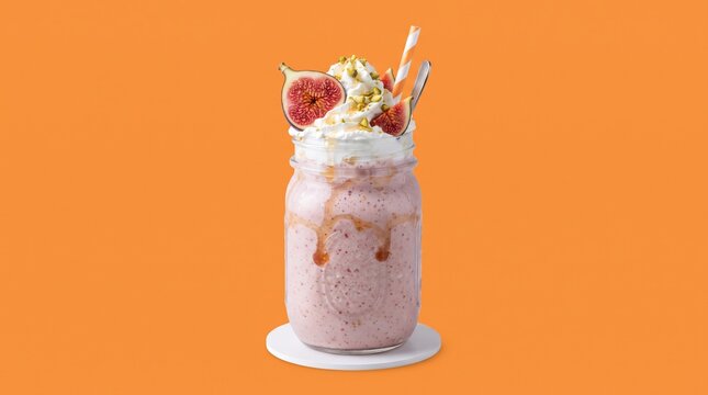 Refreshing milkshake with figs and cream. Delicious fruit beverage with whipped topping
