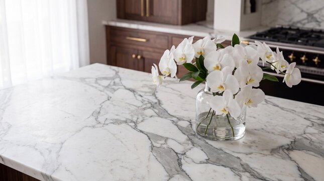 Marble Countertop with Orchids: An elegant white marble countertop with striking veining is adorned with a clear vase of delicate white orchids, exuding sophistication and tranquility.