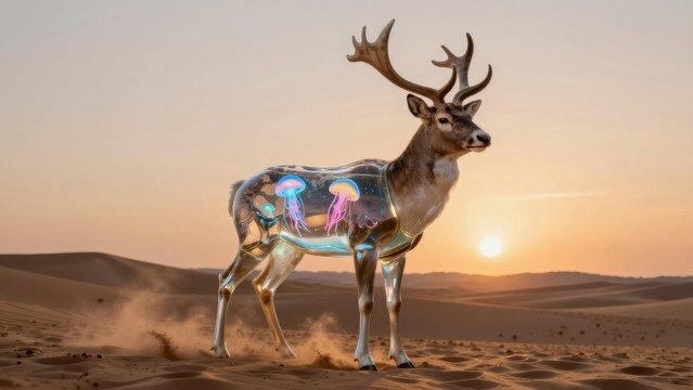 Surreal Deer in Desert at Sunset with Jellyfish Inside Its Body