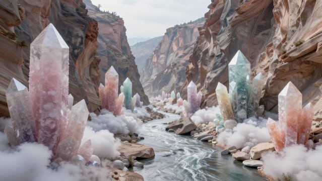 Enchanted Canyon of Colorful Crystals Surrounded by Misty River