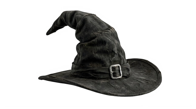 A classic old black witch hat with a prominent buckle detail shown on a transparent backdrop