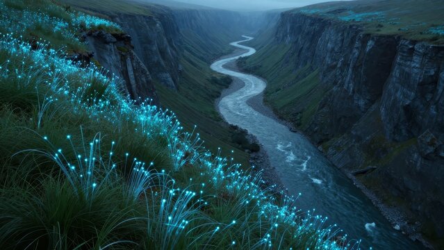 Enchanted Valley with Bioluminescent Grass and Serpentine River