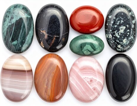 Collection of polished gemstone cabochons including green moss agate, black tourmaline, red jasper, malachite, banded agate, carnelian, rose quartz and black obsidian arranged in neat rows