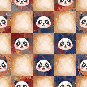 Cute panda faces and toasted bread checkerboard seamless pattern