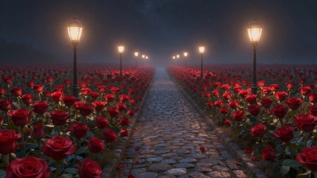 Serene Pathway Lined with Glowing Lanterns and Red Roses at Night