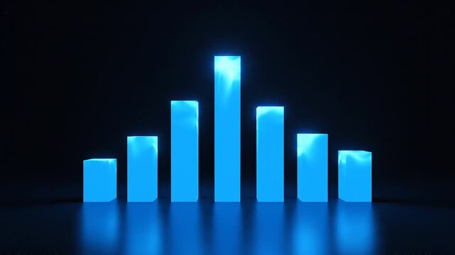 Glowing blue vertical bars form a digital bar chart against a dark background.