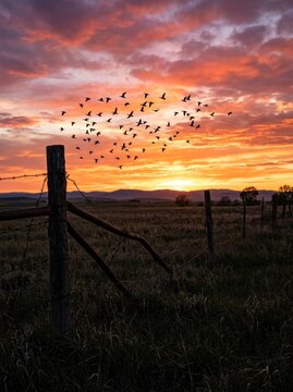 Flock of Birds Silhouetted Against a Vibrant Sunset Over a Rural Landscape.