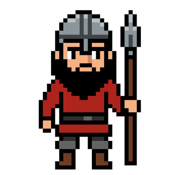 8-bit pixel art viking or dwarf guard with spear and helmet medieval game asset sprite