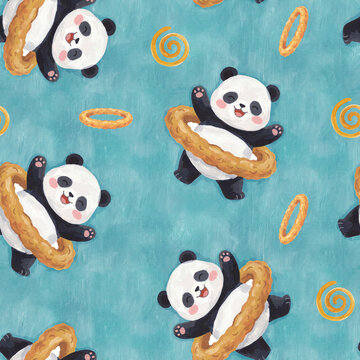 Cute panda with pretzels and bakery snacks seamless pattern on teal blue background