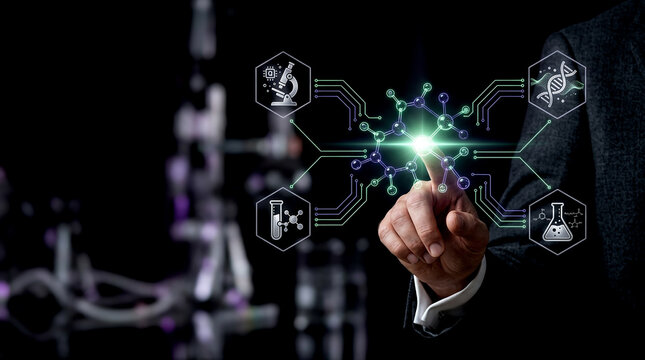 A medical businessman's hand interacts with holographic quantum molecular structure visualizing advanced drug discovery in futuristic lab showcasing Quantum Computing Progress