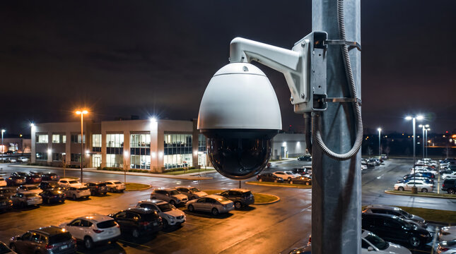 Outdoor security camera dome, with mounted pole casing and illuminated glass bulb, monitoring parked cars, in a commercial parking lot at night, technology photography