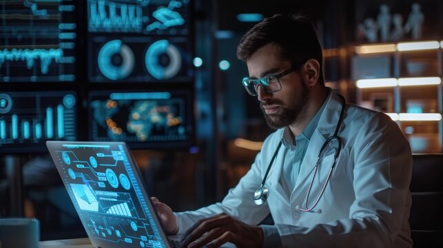 Physician examines patient vital signs and clinical data on a laptop screen surrounded by multiple monitors displaying complex health analytics in a high tech medical research laboratory at night.