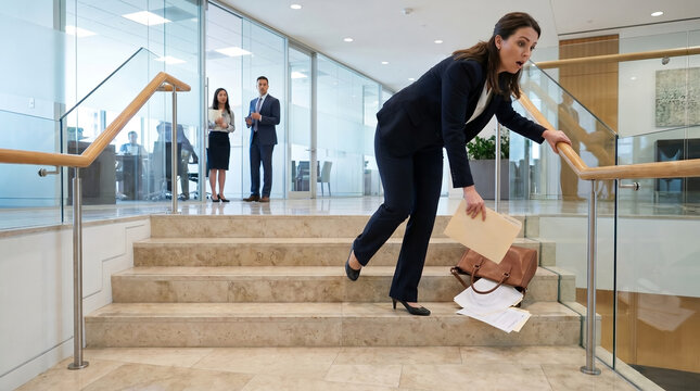 Businesswoman losing balance, dropping folder and leather purse on stairs, slipping while descending steps, corporate office lobby staircase, safety stock photography