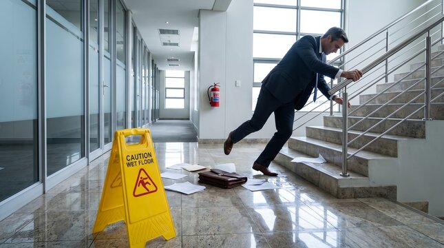 Businessman slipping on wet floor, grabbing handrail near yellow caution sign, losing balance beside briefcase, office building corridor, occupational safety photography