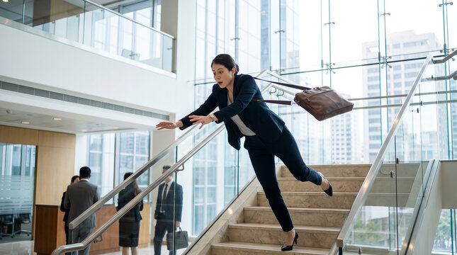 Woman in suit falling forward, hands extended toward glass banister, losing footing on staircase, light-filled office lobby, commercial stock photography