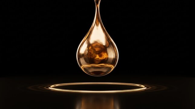 Minimalist Floating Liquid Gold Droplet on Black Background Luxury OLED Wallpaper with Copy Space