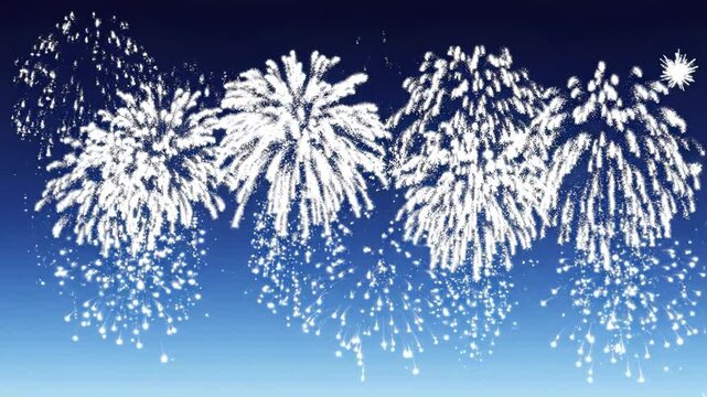 Festive fireworks display with bright white starbursts against a clear deep blue evening sky