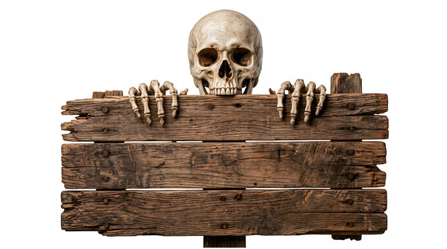 Creepy human skull with skeletal hands emerging from a weathered wooden sign isolated on transparent background