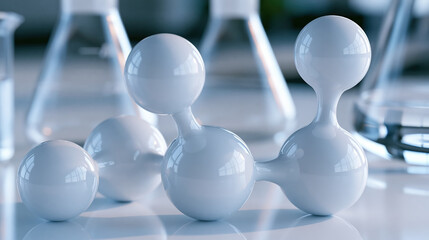 Naklejka premium Molecular model white sphere laboratory glassware chemical structure science background close up abstract research chemistry medical analysis
