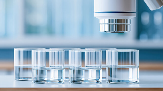 Laboratory automation workflow with robotic arm sorting glass cup in clean science lab