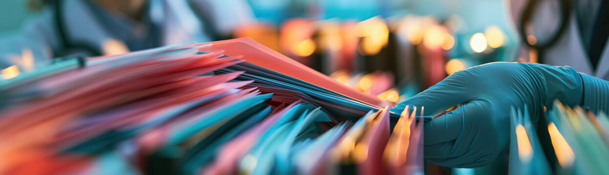 Research data integrity concept with scientist carefully handling colorful file folder archive documents