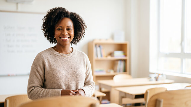 Woman educator standing confidently in modern classroom setting