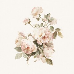 Fototapeta premium Delicate watercolor roses with soft pink petals and green leaves.