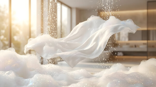 Flowing white silk fabric in airy soap bubble bathroom environment.
