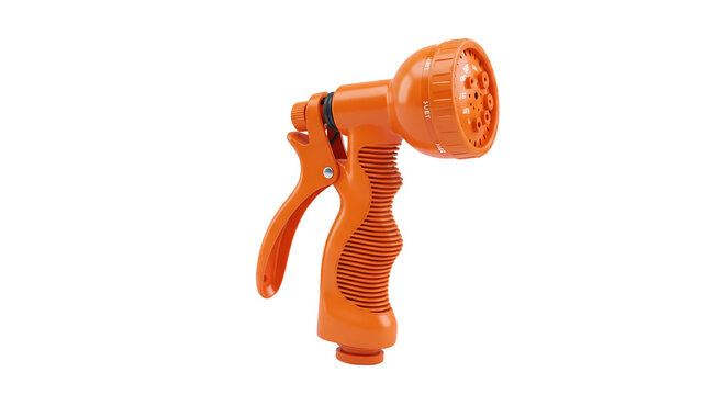 Orange plastic garden hose spray nozzle isolated on white background