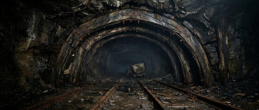 Mining tunnel curves into the distance with rusted tracks leading toward the dark interior of an underground cavern.