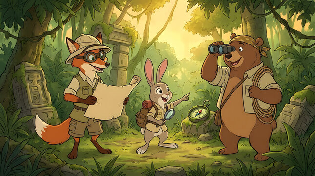 Cartoon fox rabbit and bear exploring a jungle with a map.